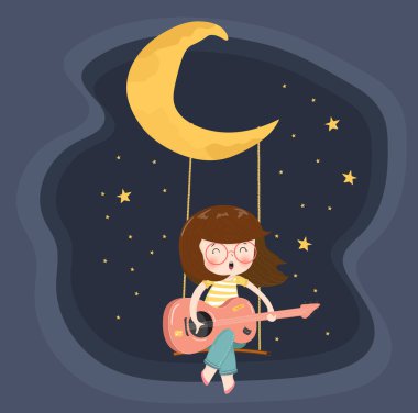 hilal ay altında salıncak gitar çalan sevimli mutlu gözlük kız