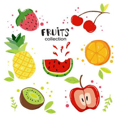 doodle el çizmek yaz meyve seti düz vektör, ananas, karpuz, portakal, çilek, kivi, elma.