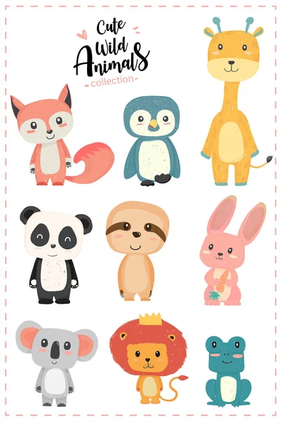 Sevimli kreş vahşi hayvan pastel el çizilmiş toplama tilki penguen, zürafa, panda, tembel, tavşan, koala, aslan, kurbağa