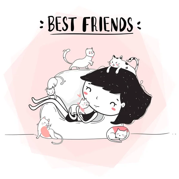 Bonito Desenho Linha Feliz Menina Abraço Gatos Sofá Melhores Amigos —  Vetores de Stock