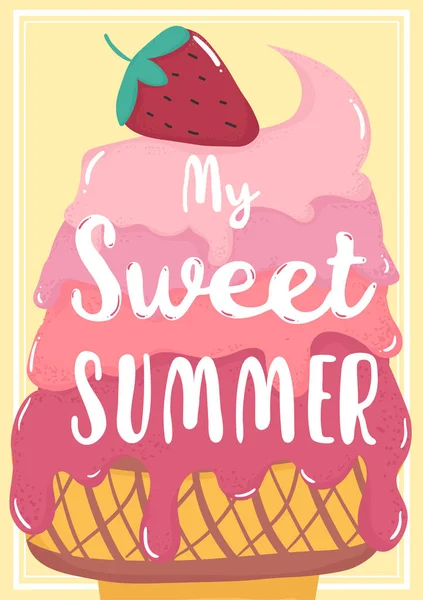 Cute Sweet Pink Strawberry Melted Ice Cream Summer Card Sweet — Stock Vector
