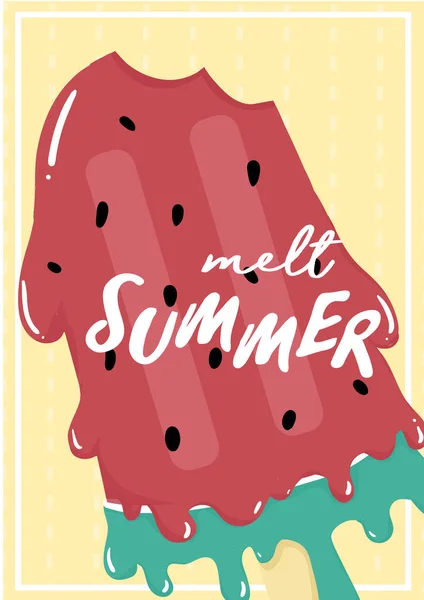 Niedlich Süße Rote Wassermelone Geschmolzenes Eis Eis Stiel Sommer Karte — Stockvektor
