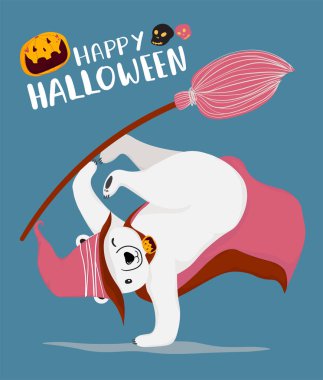 sevimli düz vektör komik cadı beyaz kutup ayısı giymek sihirbaz şapka binmek sihirli bir sk