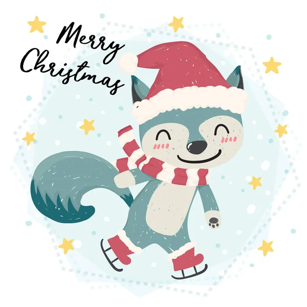 Bonito Feliz Azul Selvagem Animal Raposa Patinação Neve Feliz Natal —  Vetores de Stock