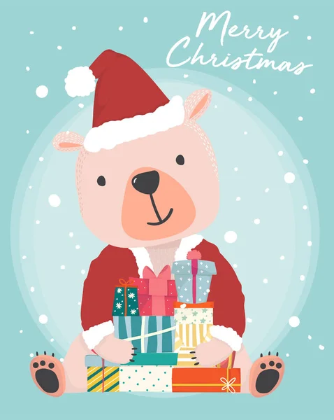Glücklich Niedlichen Braunen Bären Tragen Weihnachtsmann Outfit Hält Geschenk Boxen — Stockvektor
