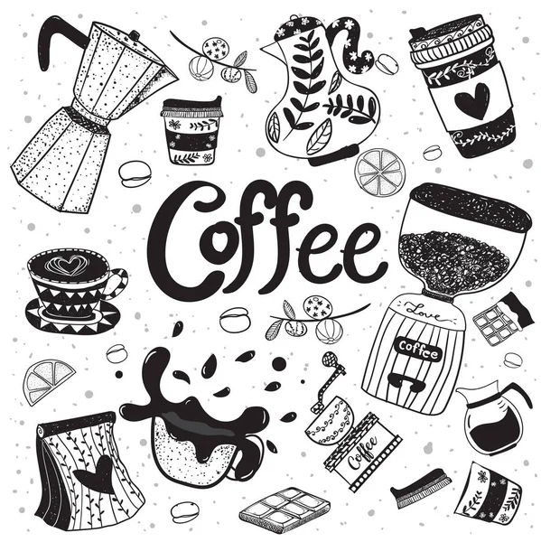 Lindo Doodle Equipo Café Dibujo Mano Elemento Vector Plano Negro — Archivo Imágenes Vectoriales