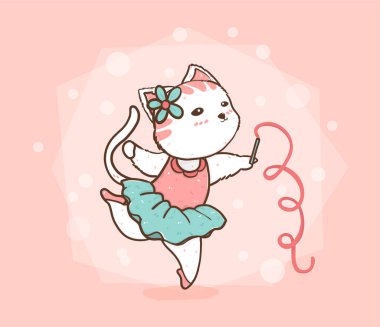 Pembe ve mavi yeşil elbiseler içinde dans eden şirin kedi balesi tebrik kartı fikri, tişörtlü çocuk eşyaları.