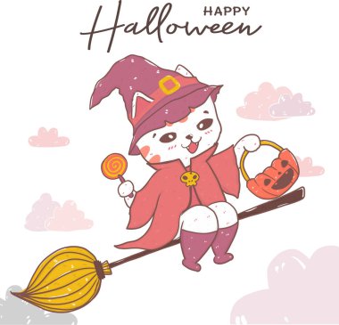 Mutlu kedi portakalı cadı kostümü sihirli süpürgeyle uçar, şeker mi şaka mı?