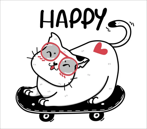 滑板上可爱的快乐涂鸦白猫快乐时光的概念升华设计可打印贺卡 — 图库矢量图片
