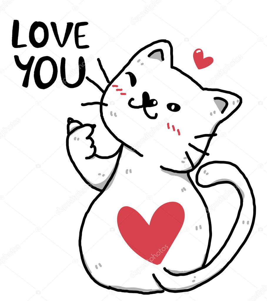 Cute happy doodle white fat cat give mini heart hand and winking eye with love you word idea for sublimation design  printable  greeting card