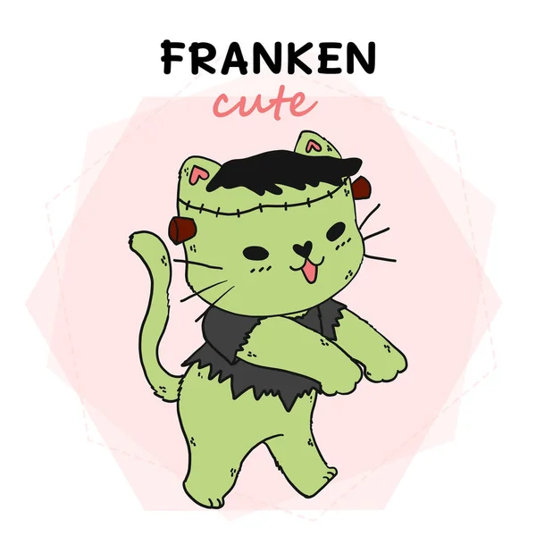 Ładny Kot Zielony Frankenstein Śmieszne Halloween Franken Słodkie Pomysł Sublimację — Wektor stockowy
