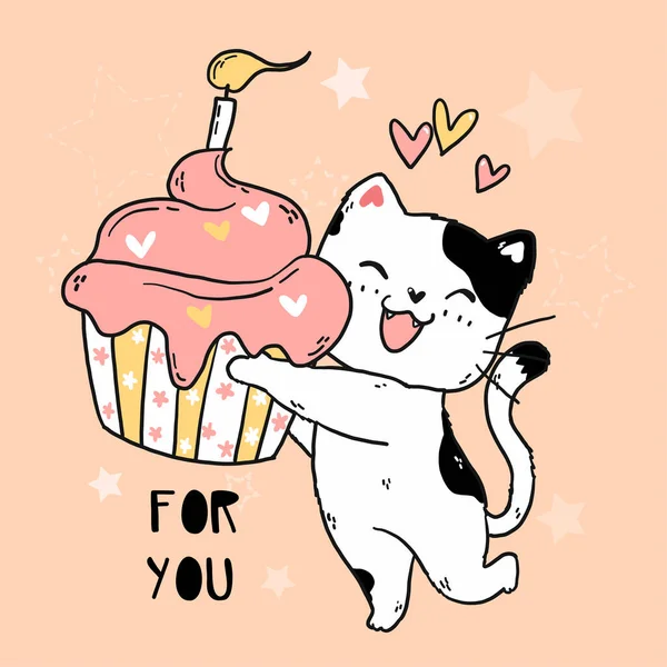 Doodle Bonito Sorriso Feliz Gato Branco Segurar Muffin Rosa Com —  Vetores de Stock