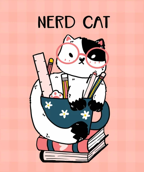 Cute Doodle Kot Okularami Siedzieć Kubku Ołówek Książki Kot Wektor — Wektor stockowy