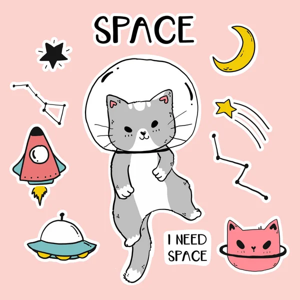Ładny Szczęśliwy Kot Astronauta Zestaw Naklejek Galaktyki Szary Kot Hełm — Wektor stockowy