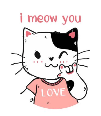 Sevimli, mutlu, beyaz ve pembe kedi. Sana sevgiyle miyavlıyorum. El hareketi, işaret portresi, vücut karikatürü, kreş sanatı, tebrik kartı, tişört, çıkartma, basılabilir resim.