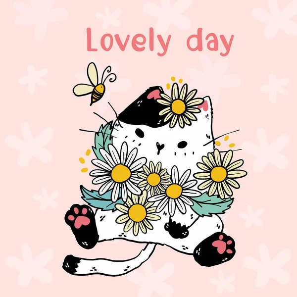 Lindo Gato Blanco Con Flores Margarita Una Abeja Hermoso Día — Vector de stock