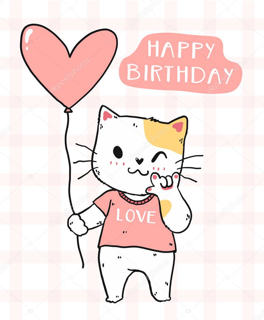 cute cat with pink heart balloon Happy Birthday idea for birthday card printable