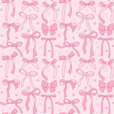 cute coquette ribbon bow pattern seamless doodle outline isolated on pink background.	
