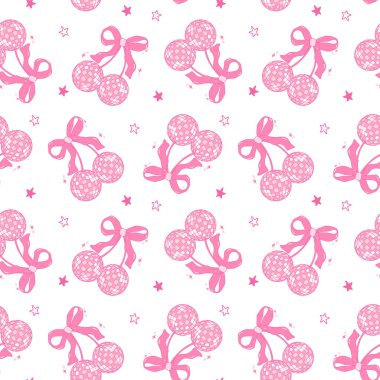 Pink Coquette Disco ball cherries pattern seamless groovy doodle outline isolated on white background.	