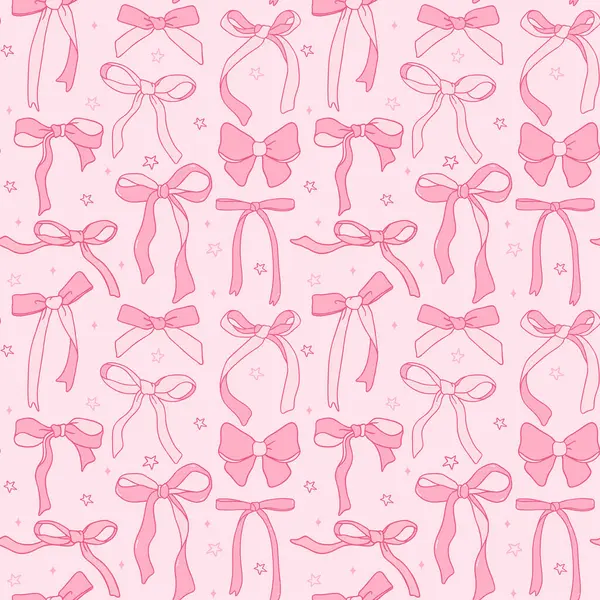 cute coquette ribbon bow pattern seamless doodle outline isolated on pink background.	