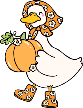 Autumn Silly Goose Holding Pumpkins with Fall Leaves Cartoon Hand Drawn