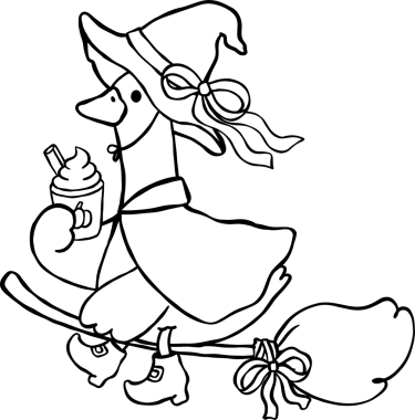 Halloween Silly Goose Dressed as Witch on Broomstick Cartoon Hand Drawn Outline doodle