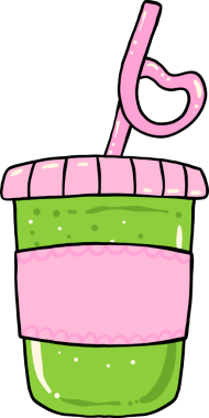 Ice Matcha Latte with Heart Straw Green and Pink  Hand Drawn