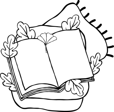 Fall Reading Autumn Bookish Outline, Open Book with Ginkgo Leaf on Scarf Line Art