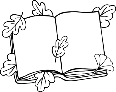 Fall Reading Autumn Bookish Outline, Open Book Surrounded by Oak Leaves Illustration