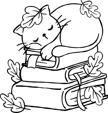 Fall Reading Autumn Bookish Outline, Sleeping Cat on Stack of Books Illustration