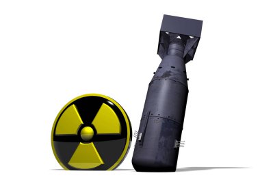 Nükleer bomba beyaz arka planda, 3d render logolu