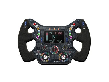 Formül bir direksiyon simidi tarafsız bir arka planda 3d render