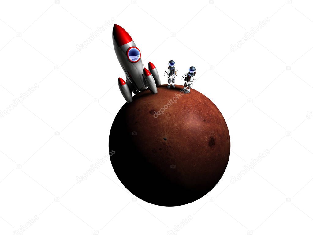 Astronauts landed on mars on white background, 3D rendering