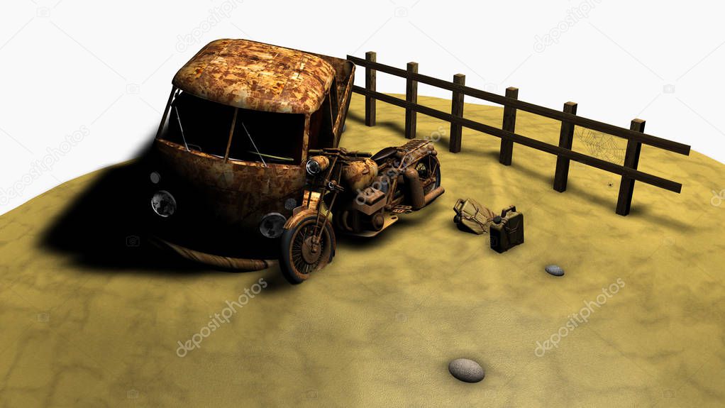 Old motorbike and old van abandoned on the sand, 3D rendering