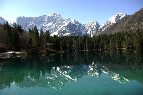 Mount mangart seen from the lower lake of fusine, Tarvisio, Friuli, Italy
