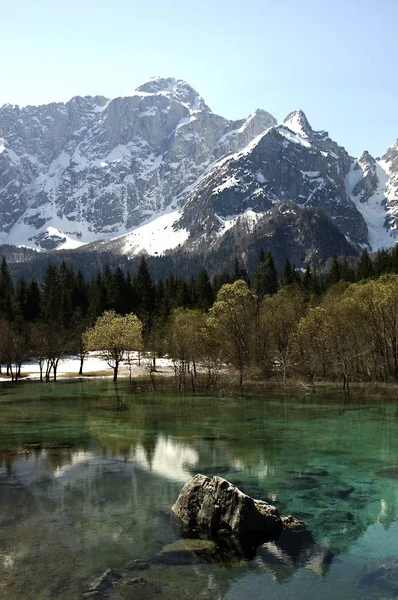 Upper Lake Fusine Mount Mangart Background Tarvisio Friuli Italy — Stock Photo, Image