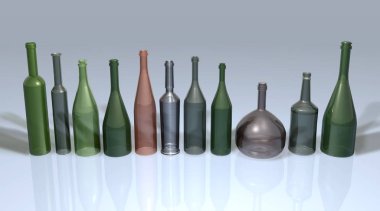 Tarafsız bir arka planda 3d render renkli cam şişe çeşitli formlar