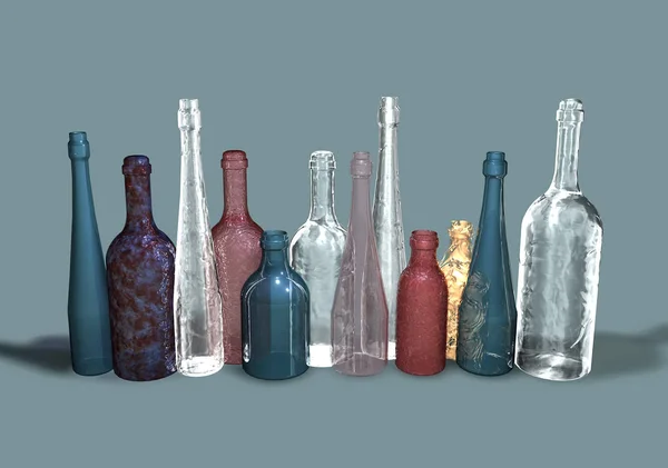 Varias Formas Botellas Vidrio Color Sobre Fondo Neutro Representación — Foto de Stock