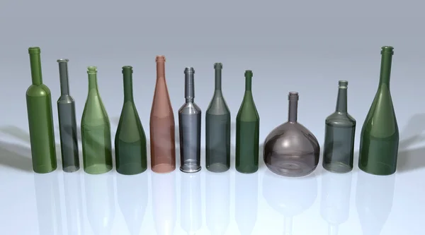 Varie Forme Bottiglie Vetro Colorato Uno Sfondo Neutro Rendering — Foto Stock