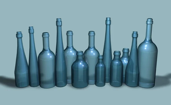 Varias Formas Botellas Vidrio Azul Sobre Fondo Neutro Representación — Foto de Stock