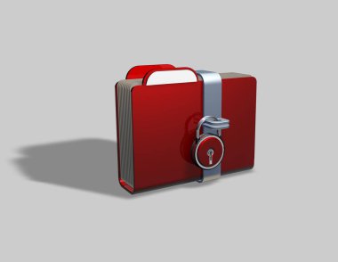 Asma kilit tarafsız bir arka planda 3d render ile kırmızı renkli klasör