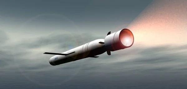 Cruise missile in flight in the blue sky, 3D rendering