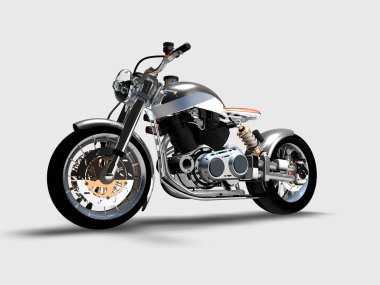 Çıplak krom motosiklet üzerinde tarafsız bir arka plan, 3d render