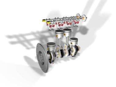 Beyaz bir arka planda 3d render içten yanmalı motor bileşenleri