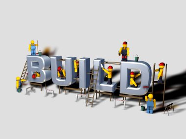 Beyaz arka plan, 3d render tuğla örme ustaları oyuncaklar