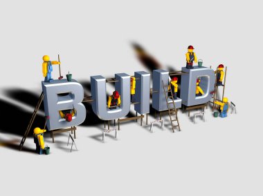 Beyaz arka plan, 3d render tuğla örme ustaları oyuncaklar