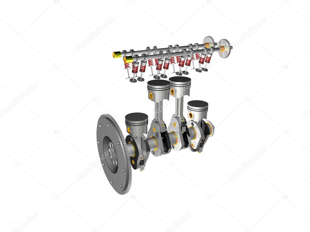 Components of the internal combustion engine on a white background, 3D rendering