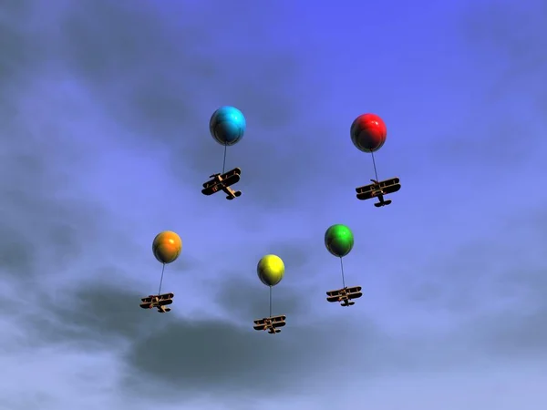 Airplanes Colored Balloons Flying Blue Sky Rendering — Stock Photo, Image