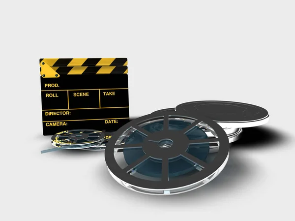 Ταινιών Και Clapperboard Ρολά Ένα Ουδέτερο Φόντο Rendering — Φωτογραφία Αρχείου