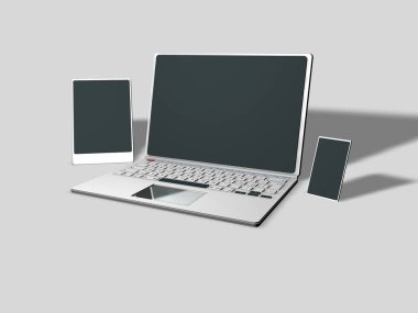 Tablet, dizüstü bilgisayar ve akıllı telefon nötr bir arka plan, 3d render